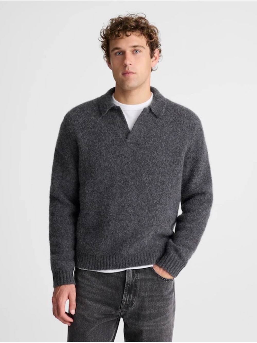 Madewell Open-Collar Sweater Polo in Yak-Alpaca Blend gray